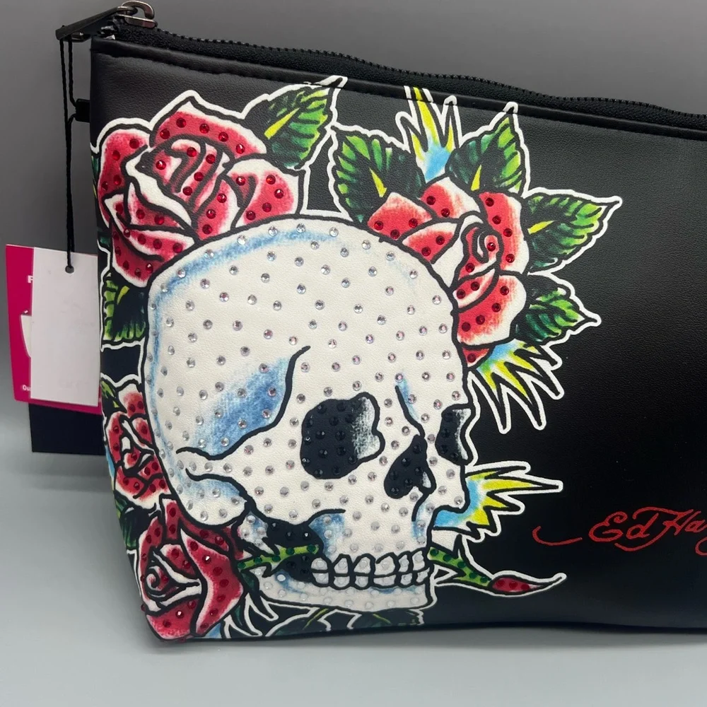 Ed hardy rhinestone skull and roses cosmetics bag